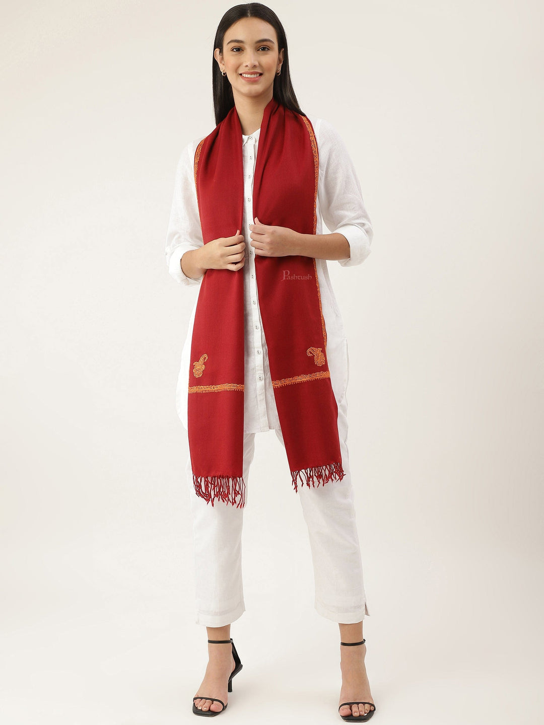 Pashtush India Womens Stoles and Scarves Scarf Pashtush womens Fine Wool Stole, kingri design, Maroon