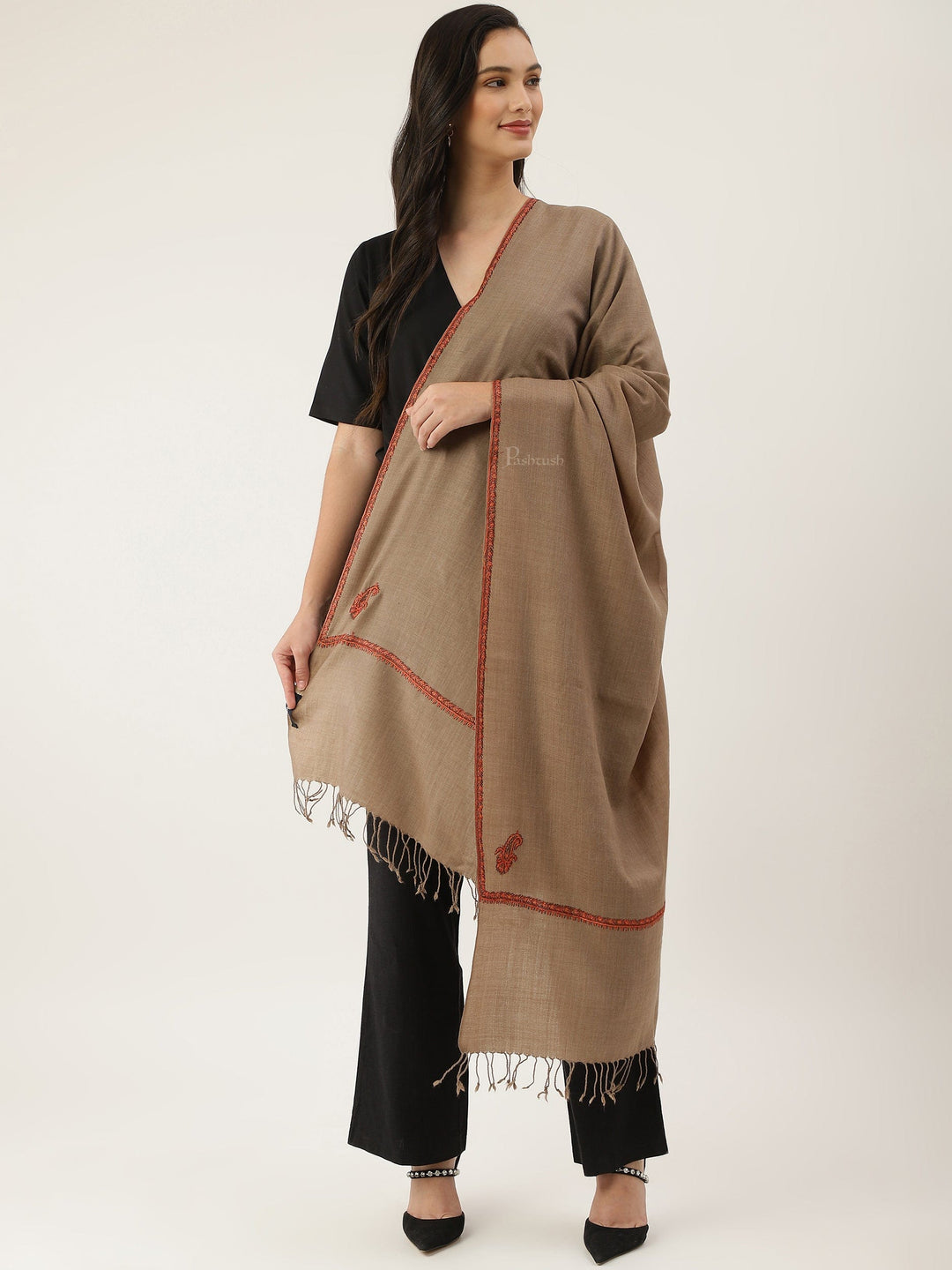 Pashtush India Womens Stoles and Scarves Scarf Pashtush womens Fine Wool Stole, Kingri design, Taupe