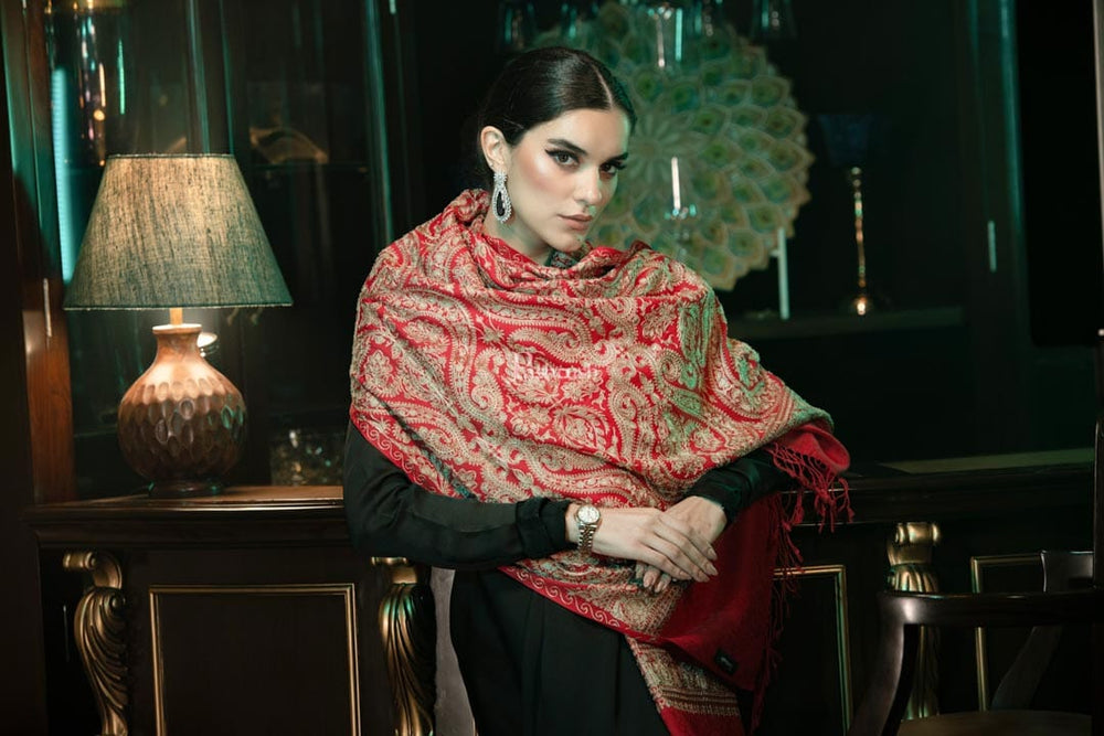 Pashtush India Womens Shawls Pashtush womens Fine Wool Stole, nalki embroidery design, Red