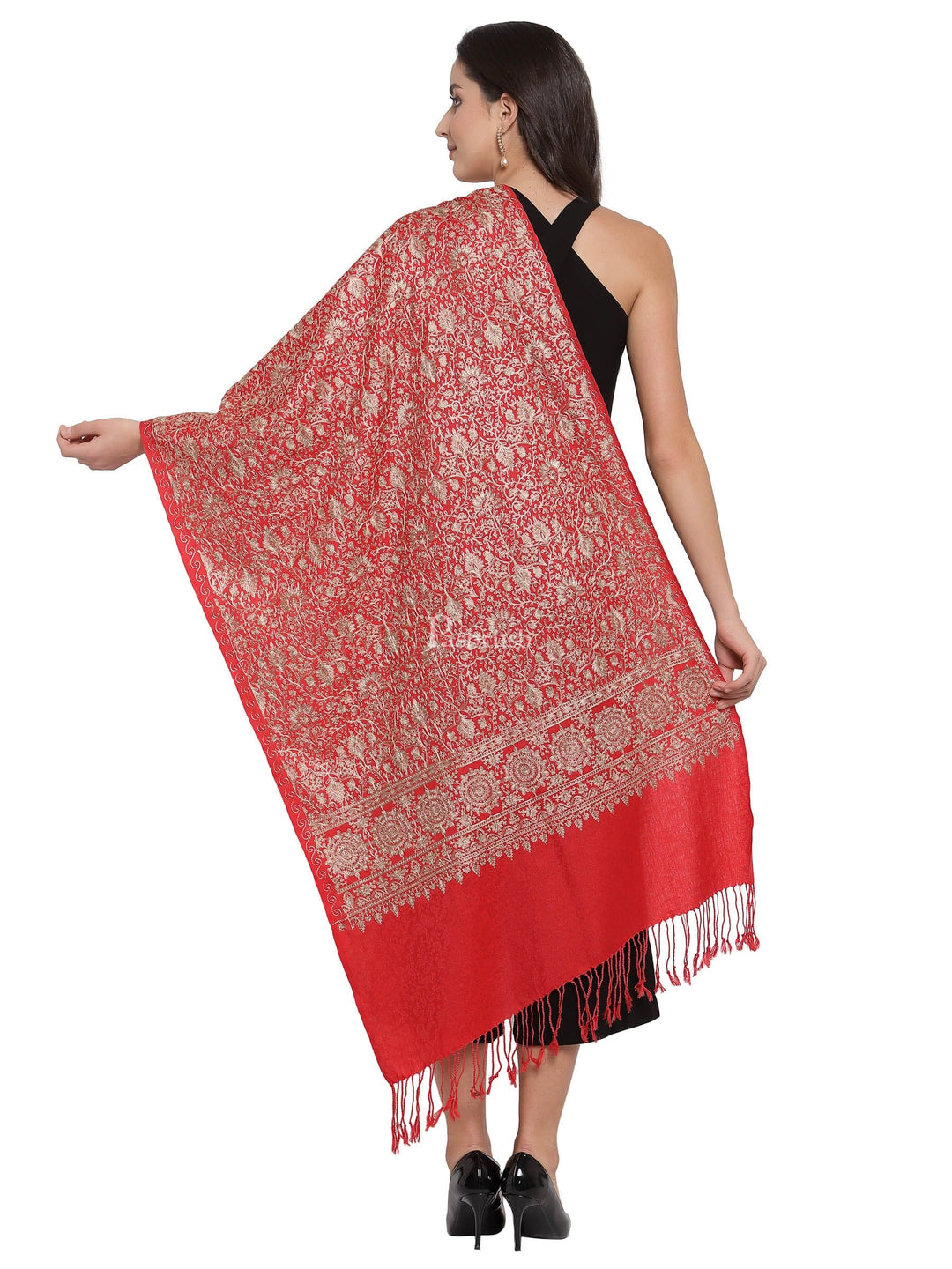 Pashtush India Womens Stoles and Scarves Scarf Pashtush Womens Fine Wool Stole With Nalki Embroidery, Red
