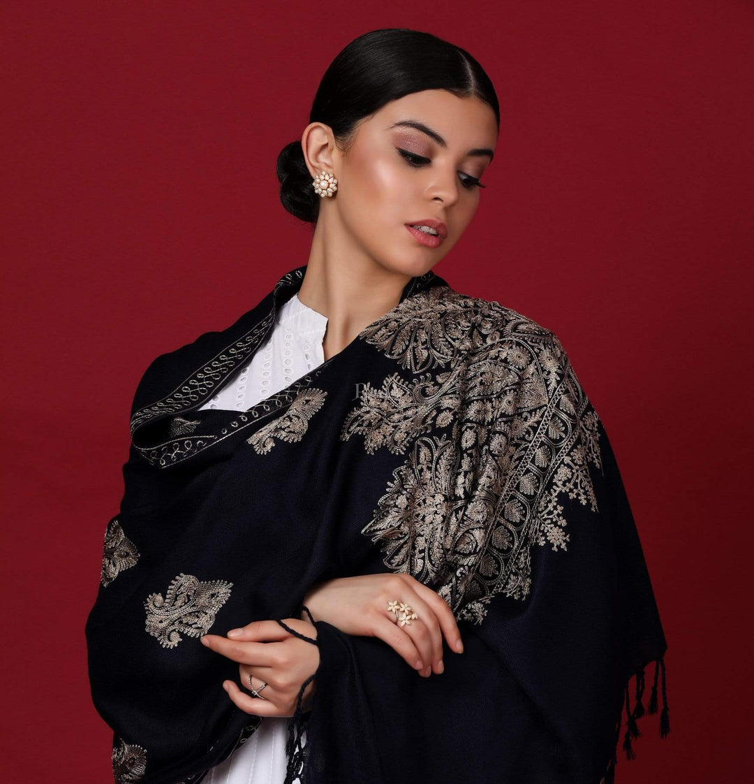 Pashtush Store Stole Pashtush Womens Fine Woollen, Silky Nalki Embroidery Needlework Stole, Midnight Blue