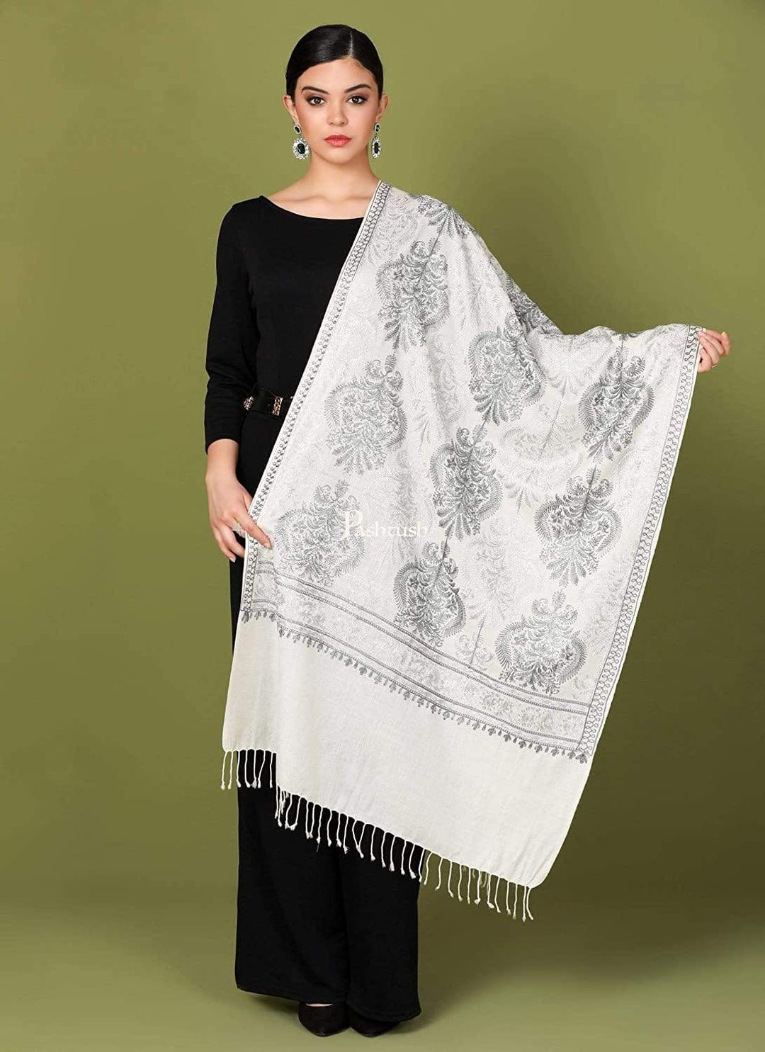 Pashtush India 70x200 Pashtush Womens Fine Woollen, Silky Nalki Embroidery Needlework Stole, White