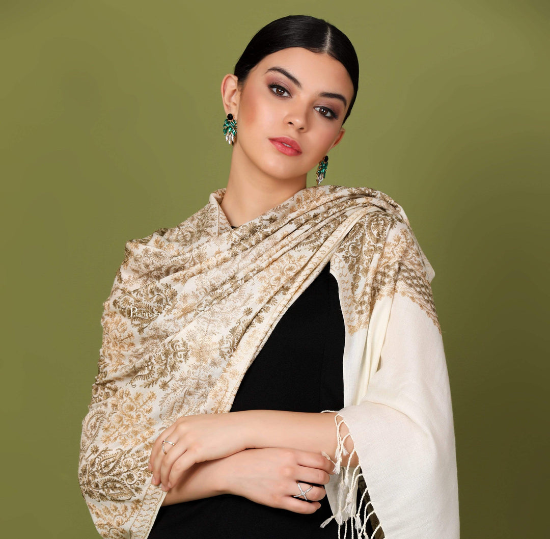 Pashtush India 70x200 Pashtush Womens Fine Woollen, Silky Nalki Embroidery Needlework Stole, White