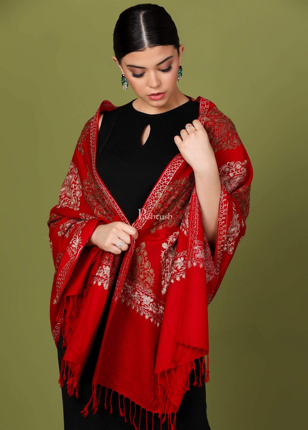 Pashtush Store Stole Pashtush Womens Fine Woollen, Silky Thread Nalki Embroidery Stole, Maroon