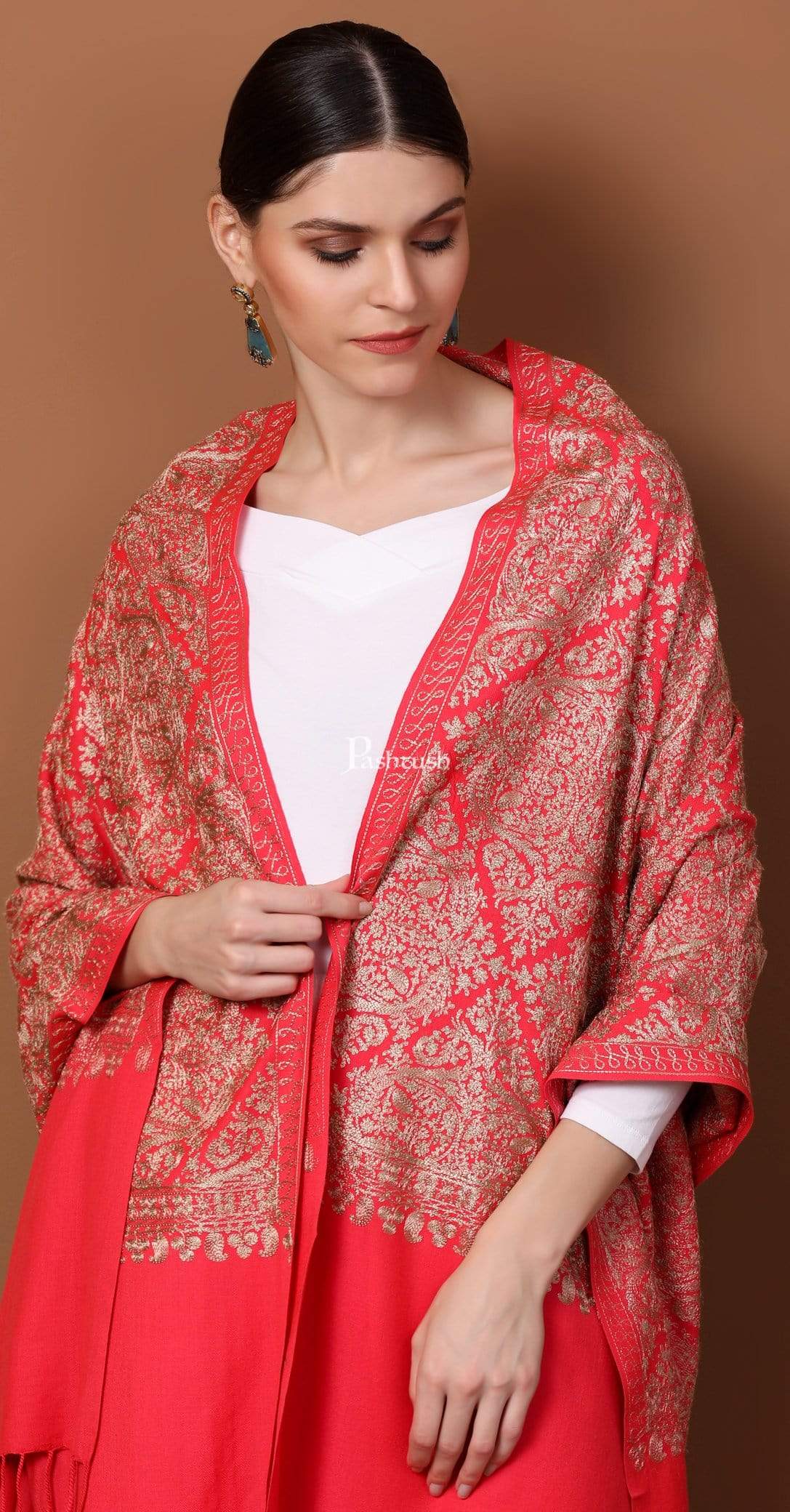 Pashtush Store Stole Pashtush Womens Fine Woollen, Silky Thread Nalki Embroidery Stole, Peach