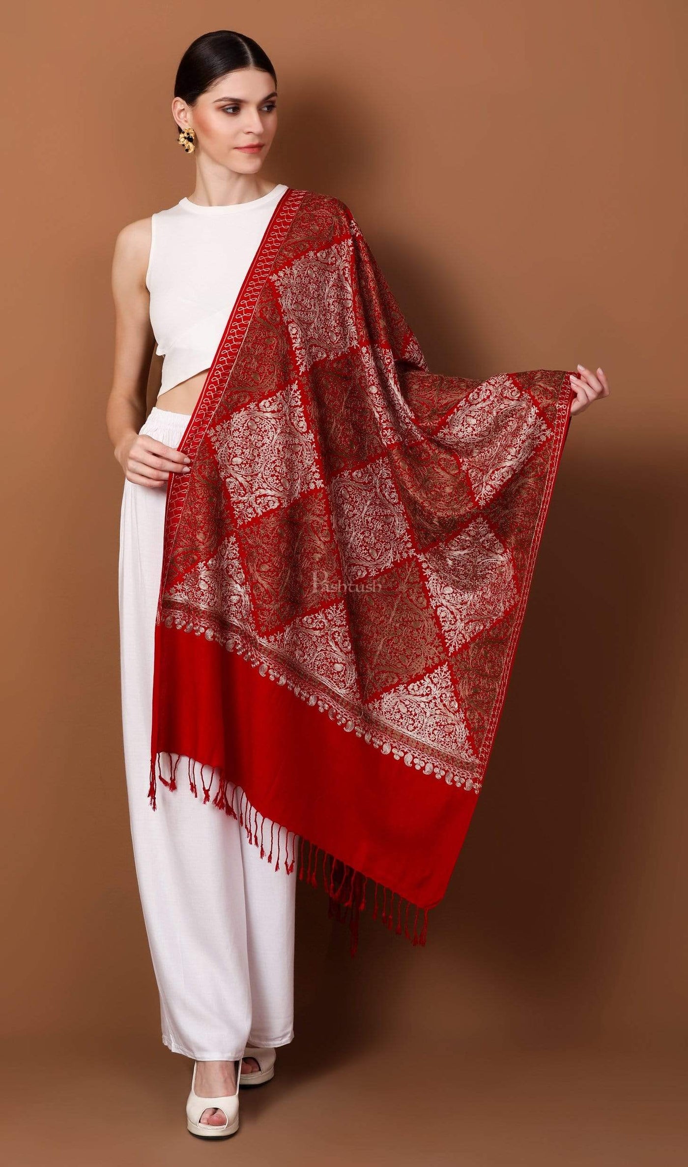 Pashtush Store Stole Pashtush Womens Fine Woollen, Silky Thread Nalki Embroidery Stole, red