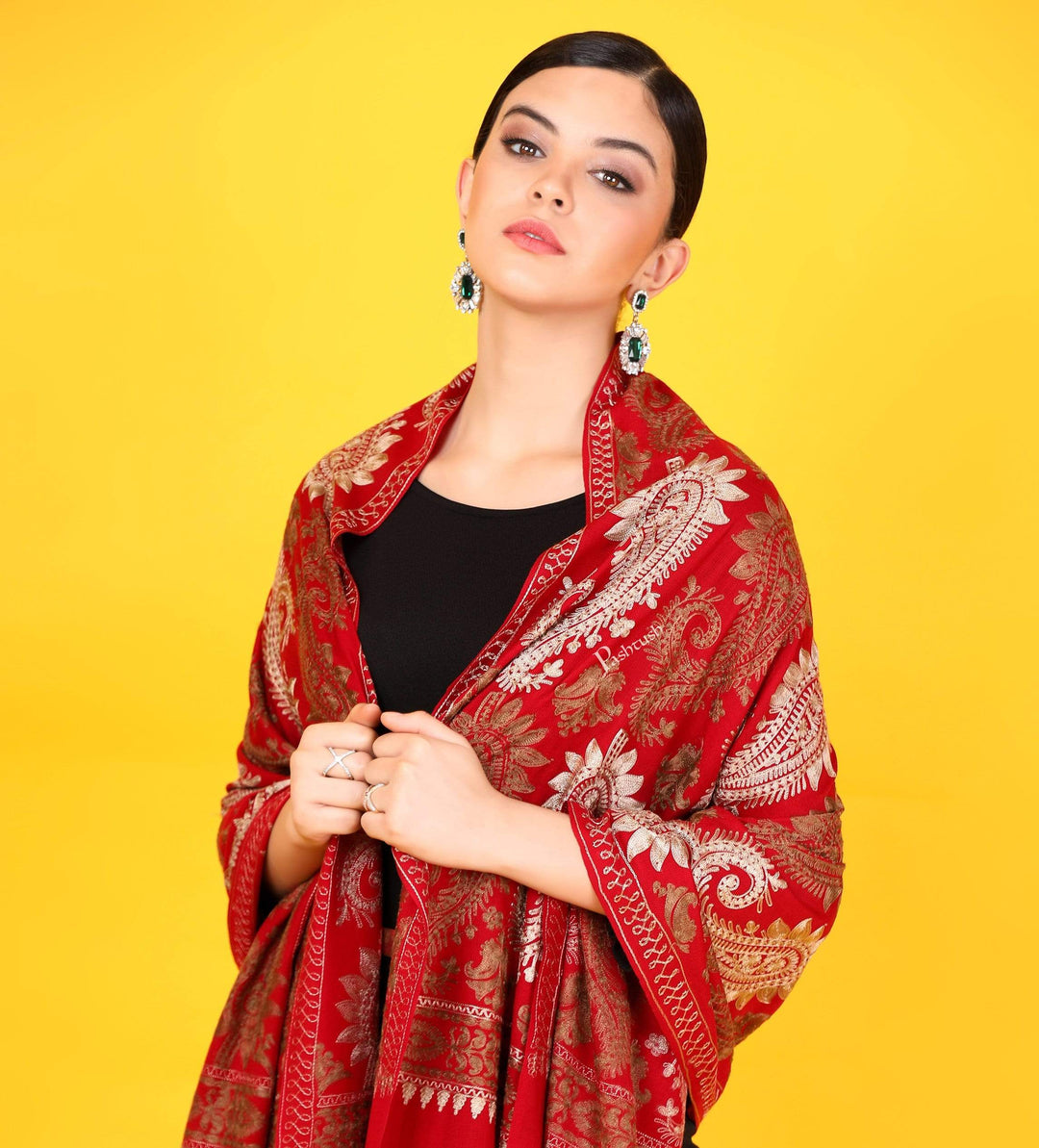 Pashtush Store Stole Pashtush Womens Fine Woollen, Silky Thread Nalki Embroidery Stole, red