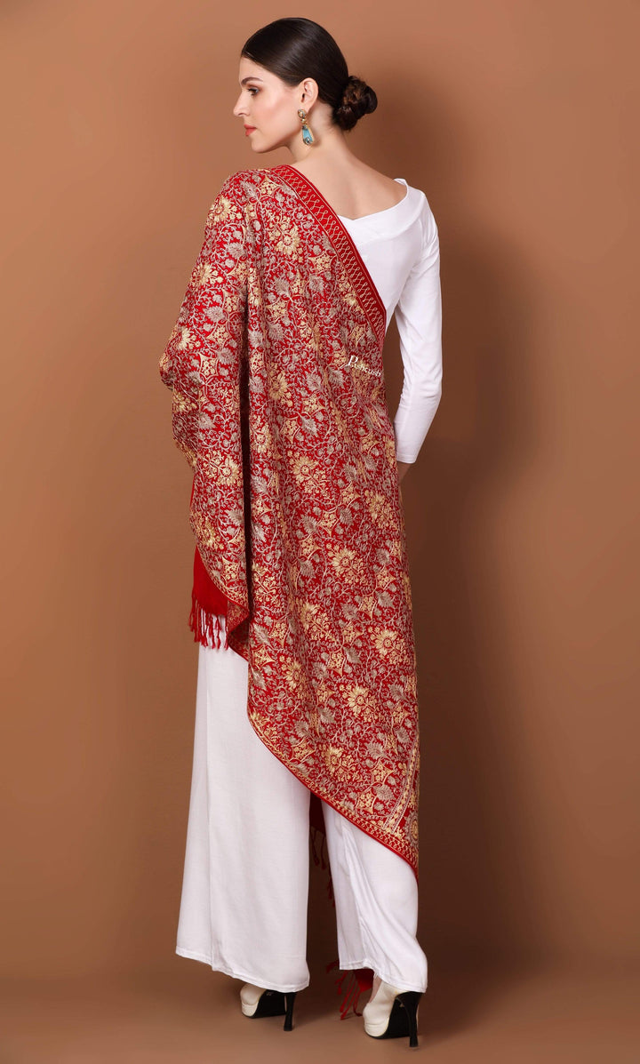 Pashtush Store Stole Pashtush Womens Fine Woollen, Silky Thread Nalki Embroidery Stole, Red