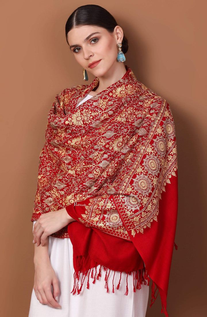 Pashtush Store Stole Pashtush Womens Fine Woollen, Silky Thread Nalki Embroidery Stole, Red