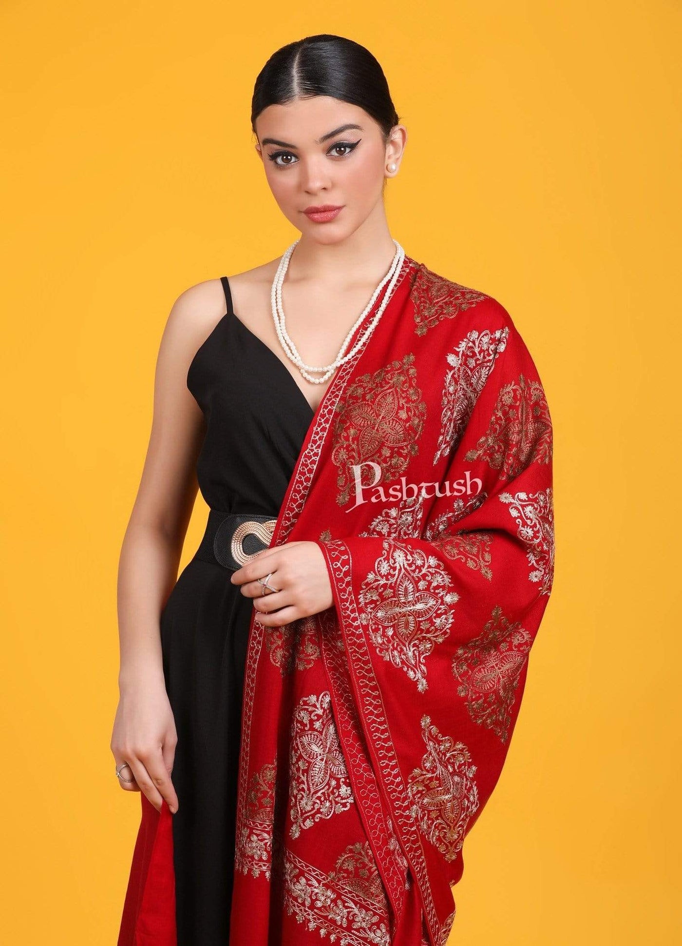 Pashtush India 70x200 Pashtush Womens Fine Woollen, Silky Thread Nalki Embroidery Stole, red