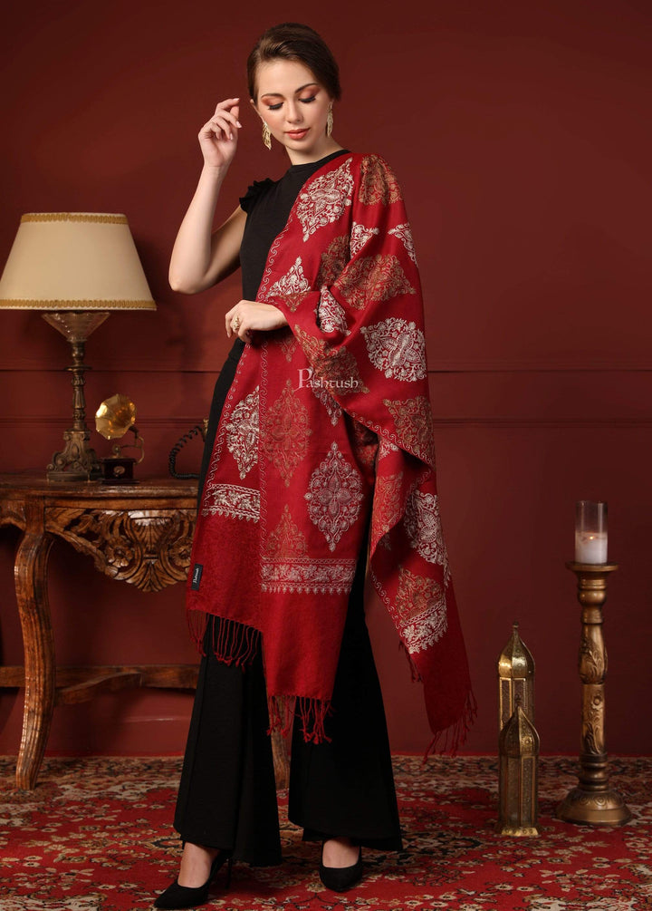 Pashtush India 70x200 Pashtush Womens Fine Woollen, Silky Thread Nalki Embroidery Stole, Red