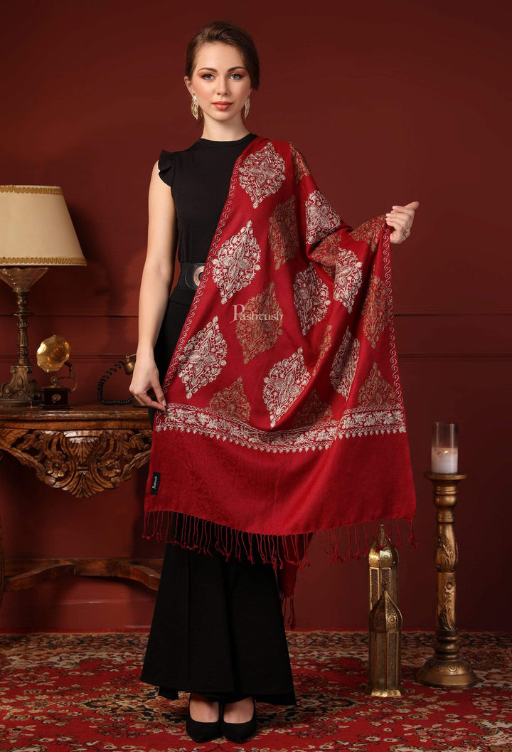 Pashtush India 70x200 Pashtush Womens Fine Woollen, Silky Thread Nalki Embroidery Stole, Red