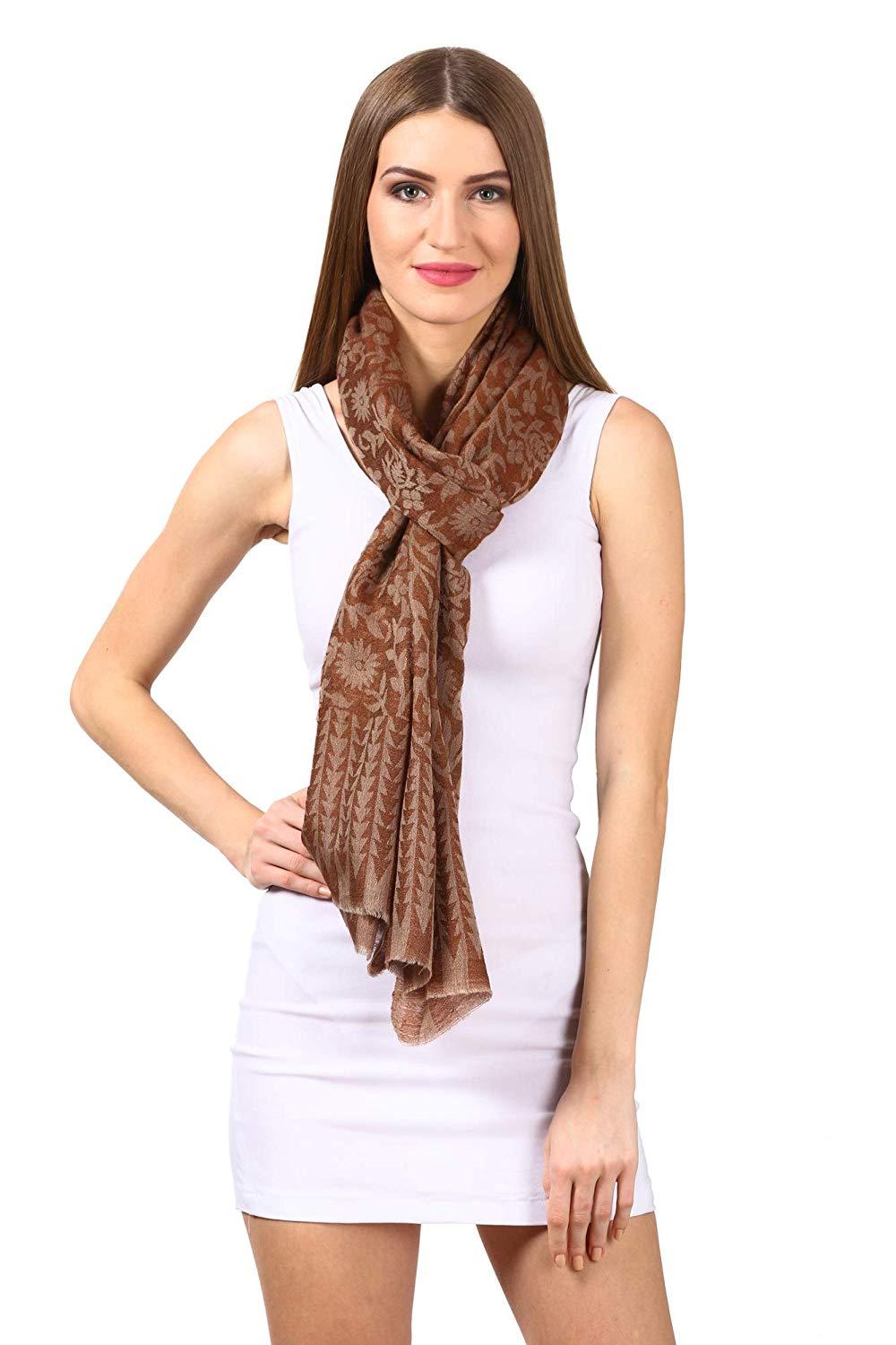 Pashtush Womens Floral Fine Wool Handfeel Reversible  Scarf Stole Coffee