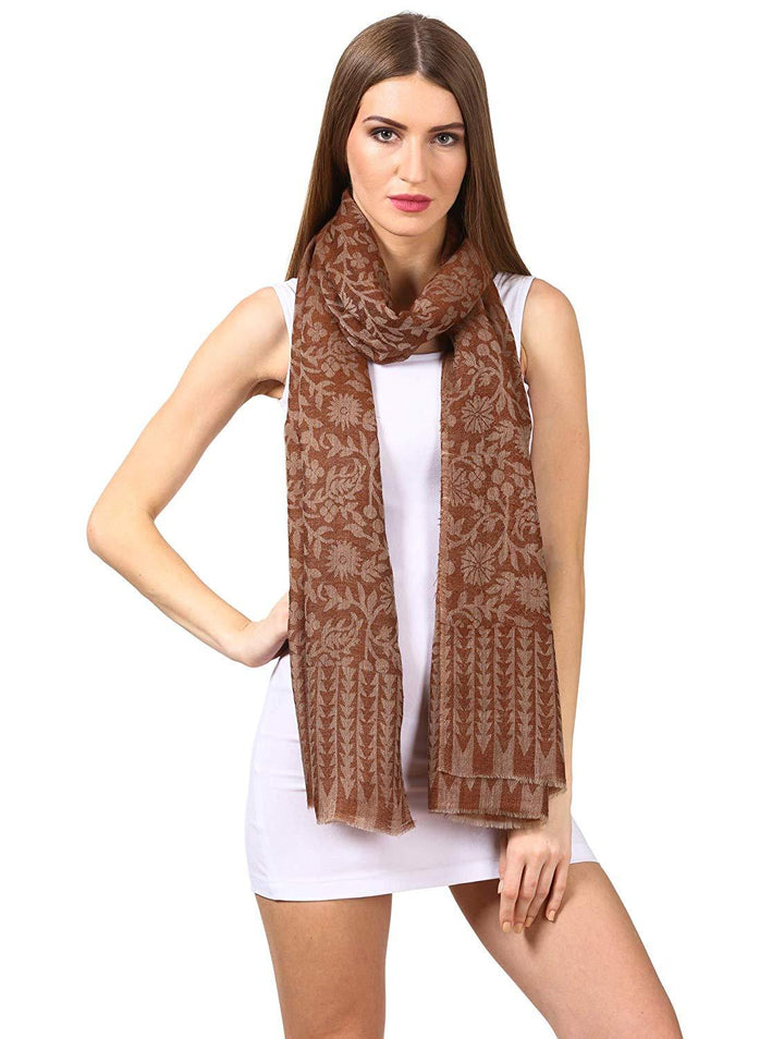 Pashtush Womens Floral Fine Wool Handfeel Reversible  Scarf Stole Coffee