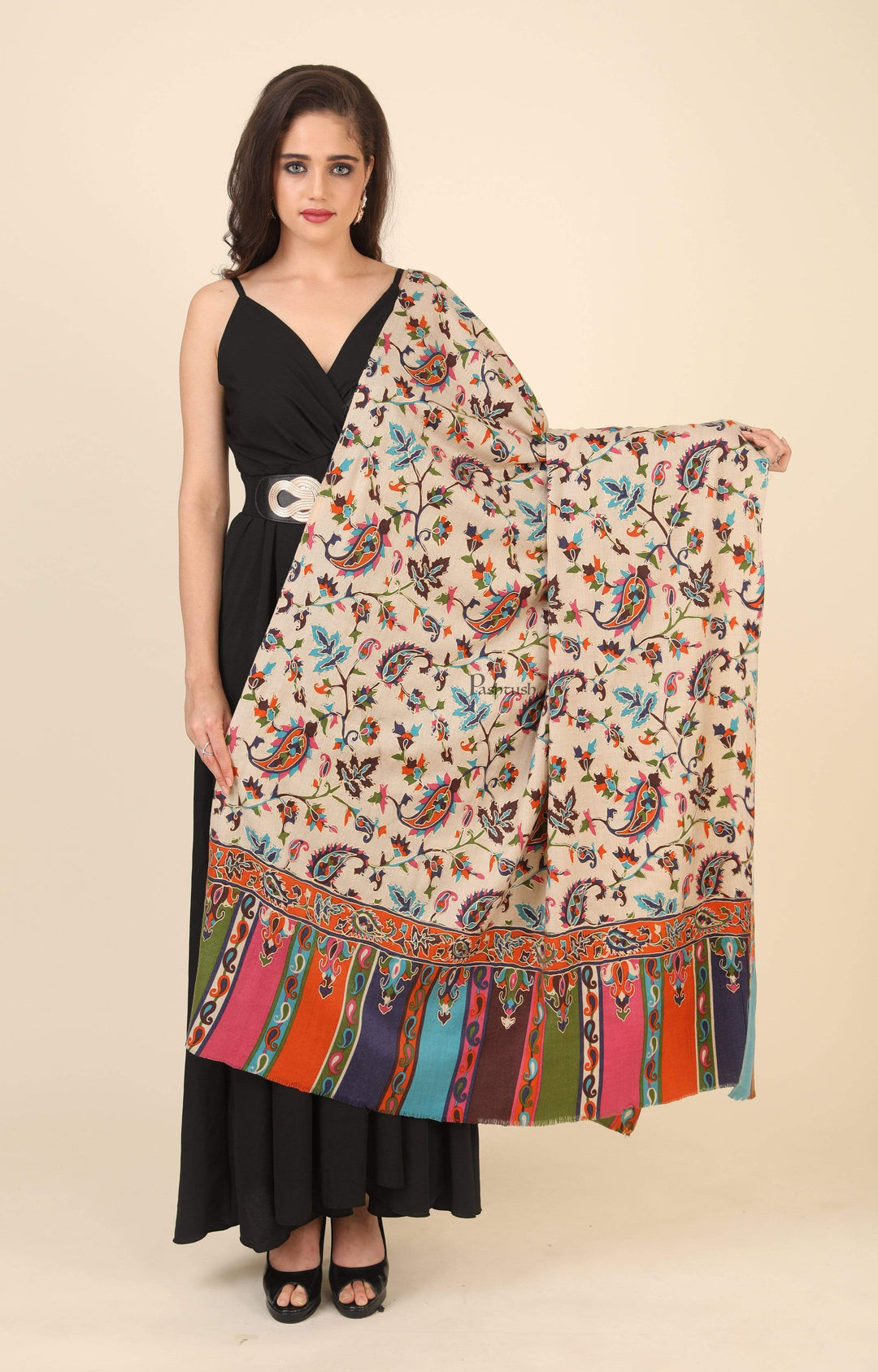 Pashtush India 100x200 Pashtush Womens Hand Embroidered Kalamkari Shawl, Fine Wool