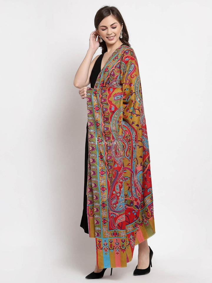 Pashtush India Womens Shawls Pashtush Womens Hand Embroidered Kalamkari Shawl, Soft And Warm, Light Weight Fine Wool
