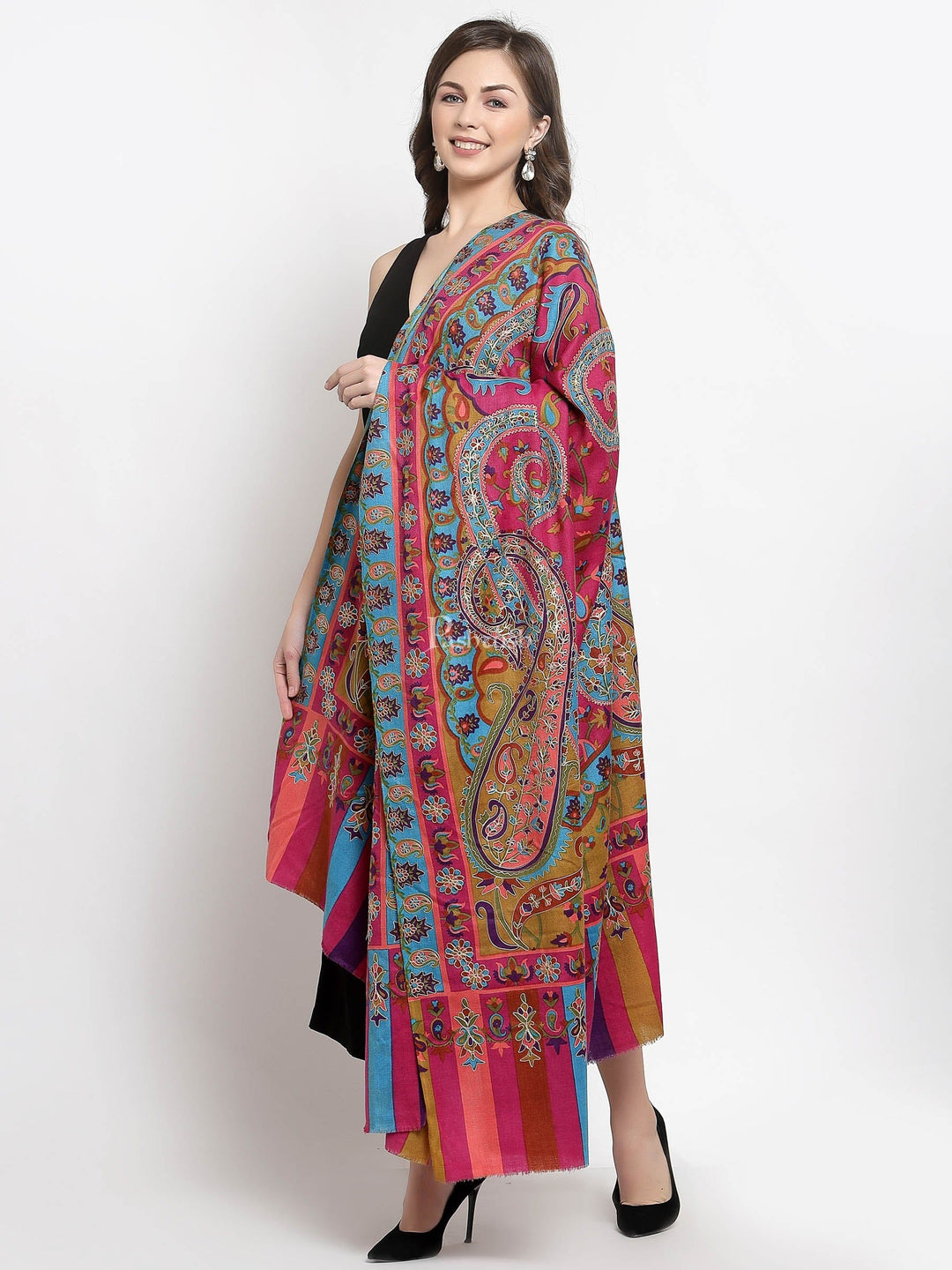 Pashtush India Womens Shawls Pashtush Womens Hand Embroidered Kalamkari Shawl, Soft And Warm, Light Weight Fine Wool