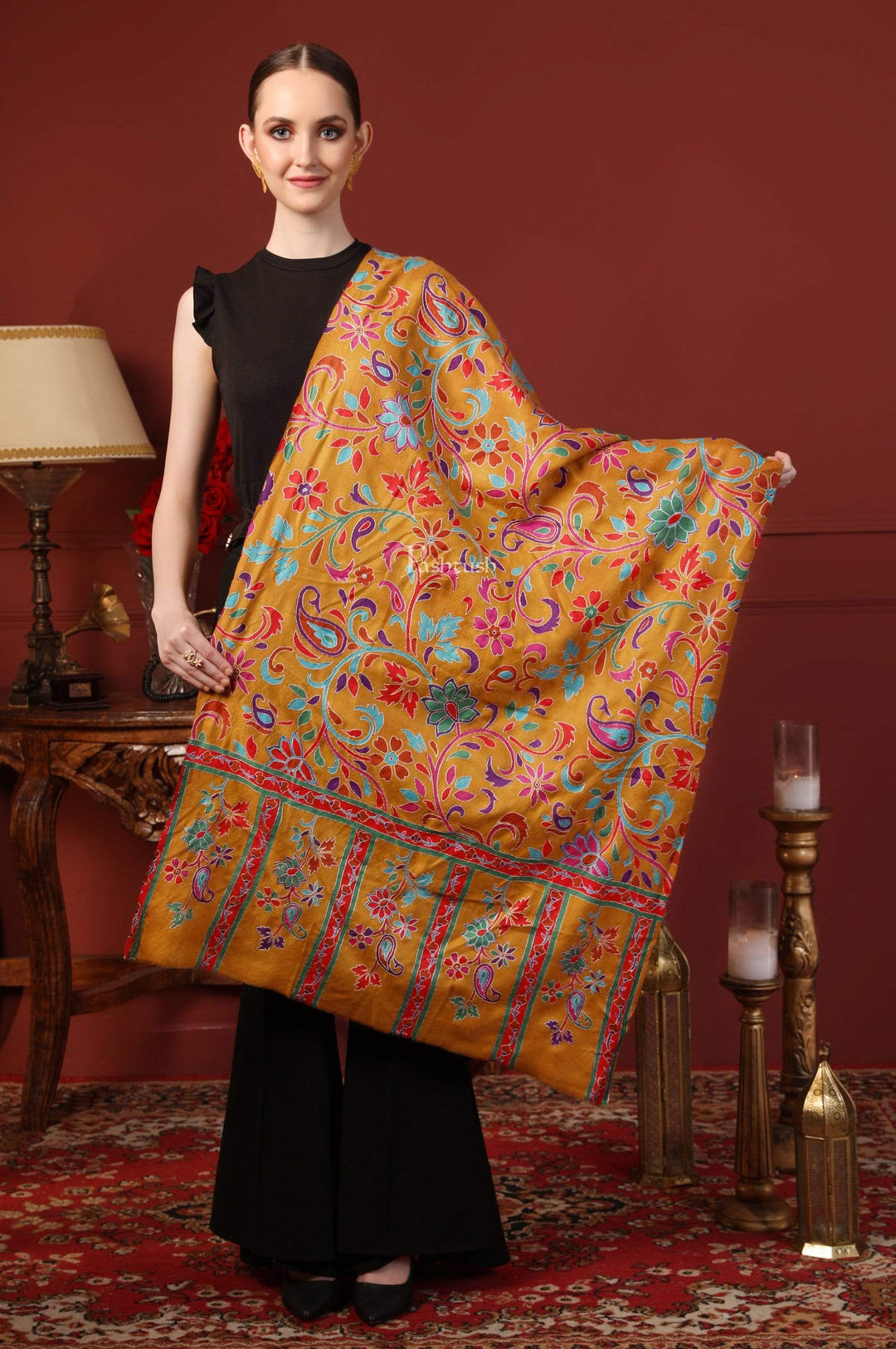 Pashtush India 70x200 Pashtush Womens Hand Embroidery Kalamkari Stole, With Outlined Nalki Work