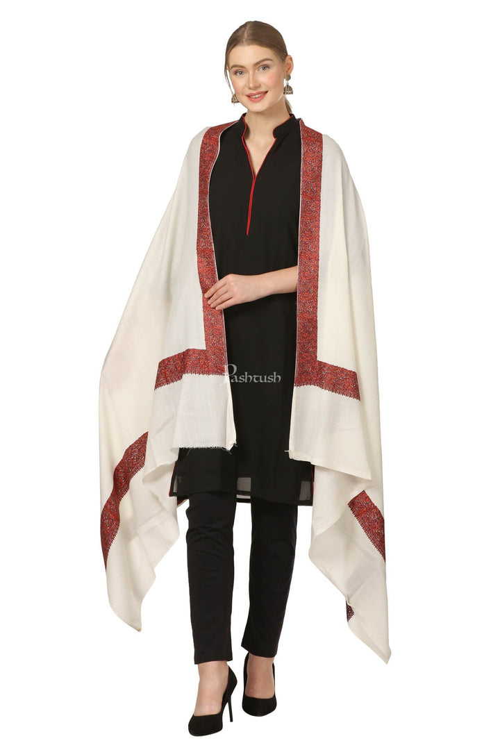 Pashtush India Womens Shawls Pashtush Womens Hand Embroidery Shawl, 100% Pure Wool Shawls, Ivory