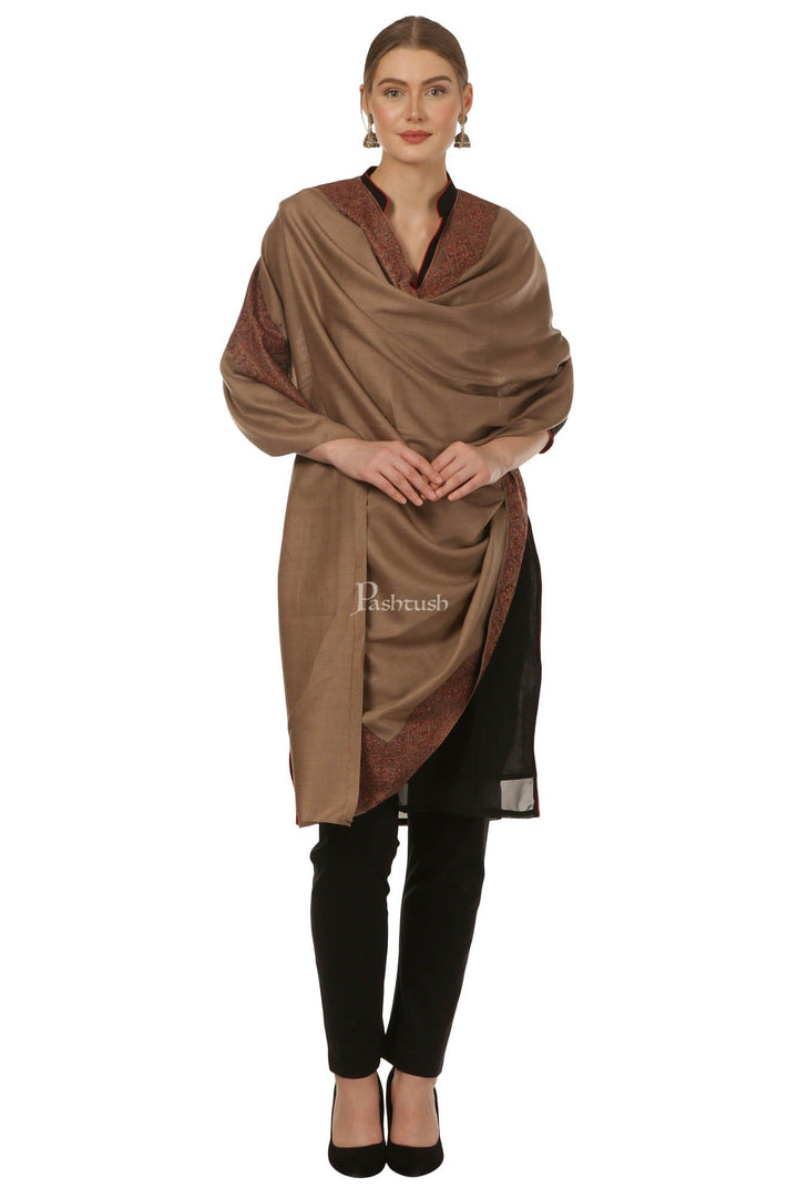 Pashtush India Womens Shawls Pashtush Womens Hand Embroidery Shawl, Border Design Shawls Brown