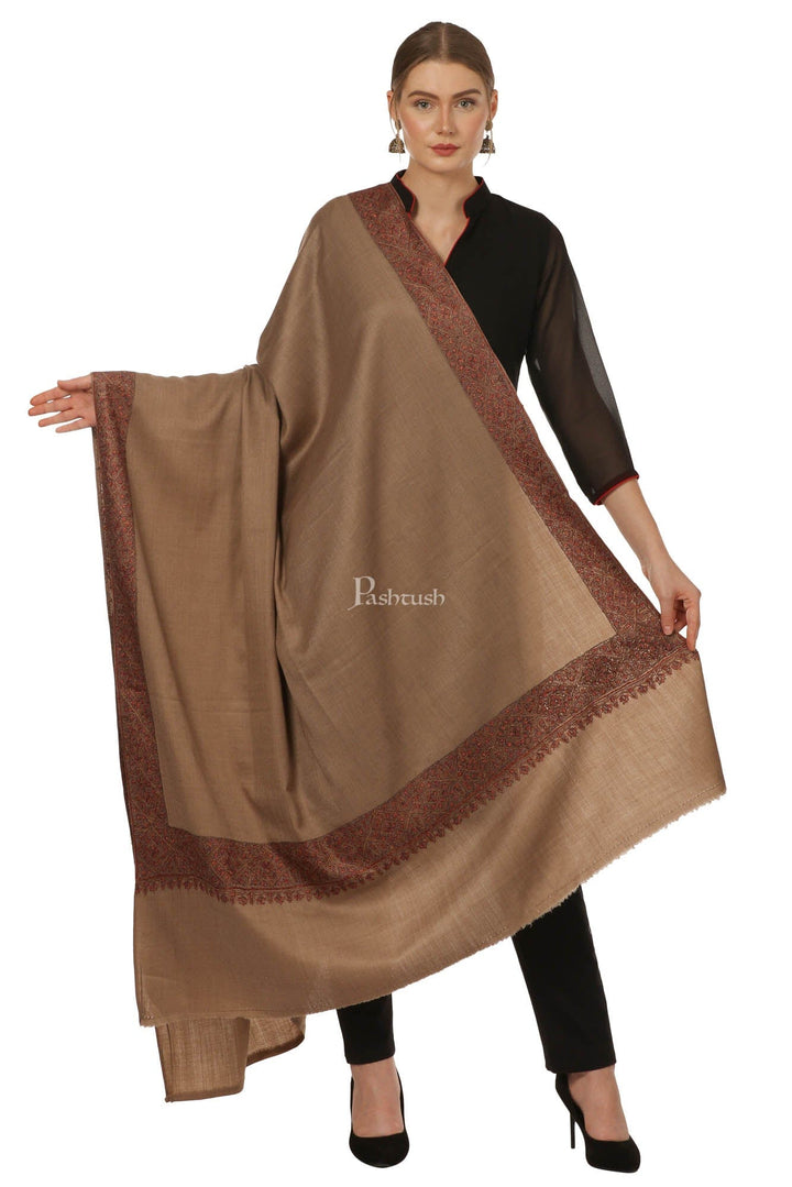 Pashtush India Womens Shawls Pashtush Womens Hand Embroidery Shawl, Border Design Shawls Brown