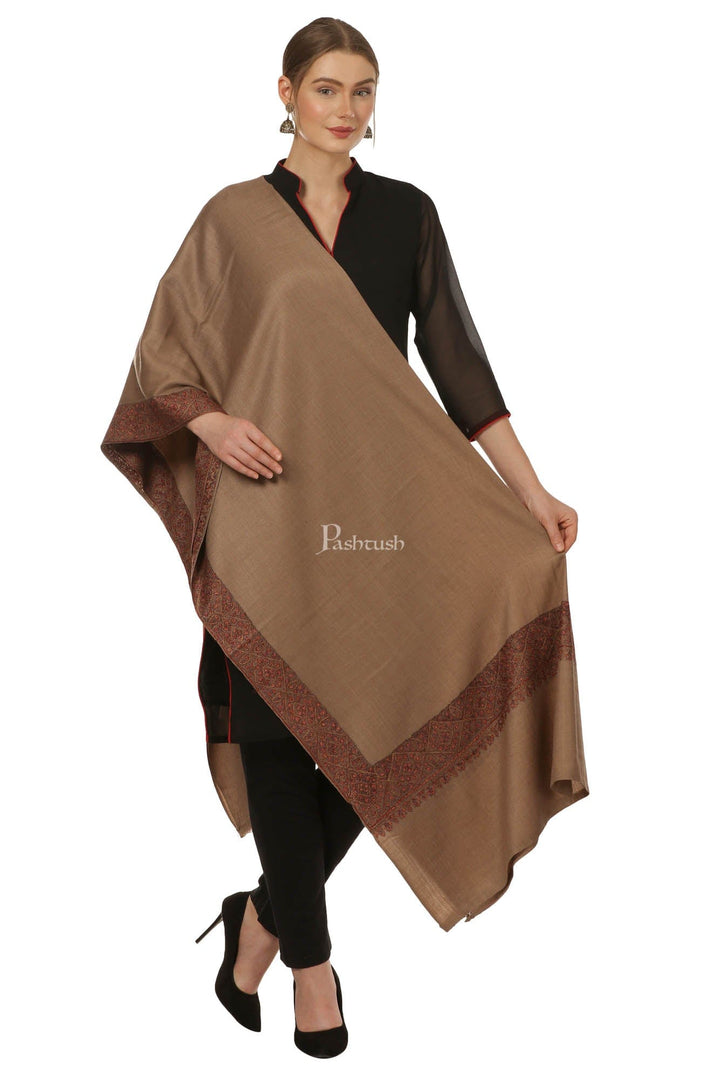 Pashtush India Womens Shawls Pashtush Womens Hand Embroidery Shawl, Border Design Shawls Brown