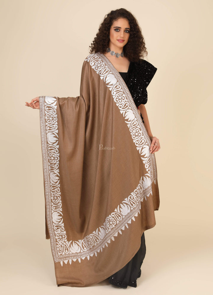 Pashtush India 100x200 Pashtush Womens Hand Embroidery Shawl, Border Design With Tilla Zari Work - Beige