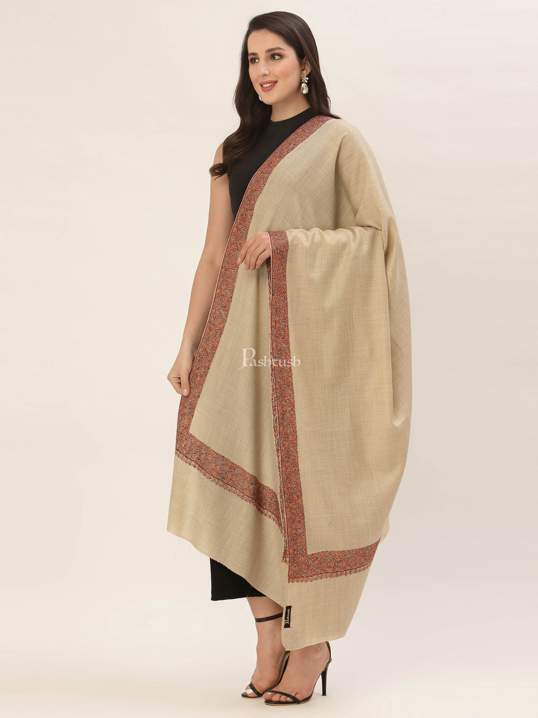 Pashtush India Womens Shawls Pashtush Womens Hand Embroidery Shawl, Fine Wool Shawls, Beige