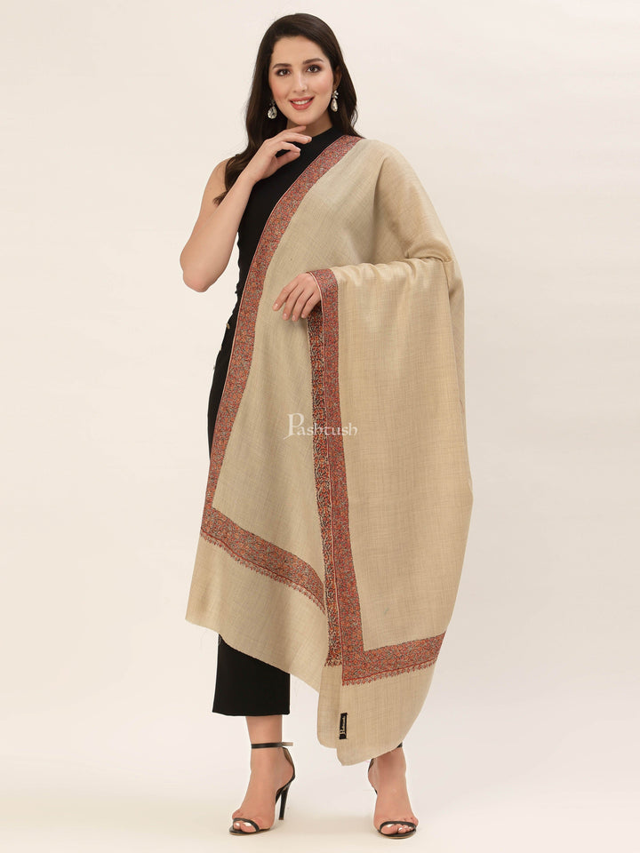 Pashtush India Womens Shawls Pashtush Womens Hand Embroidery Shawl, Fine Wool Shawls, Beige