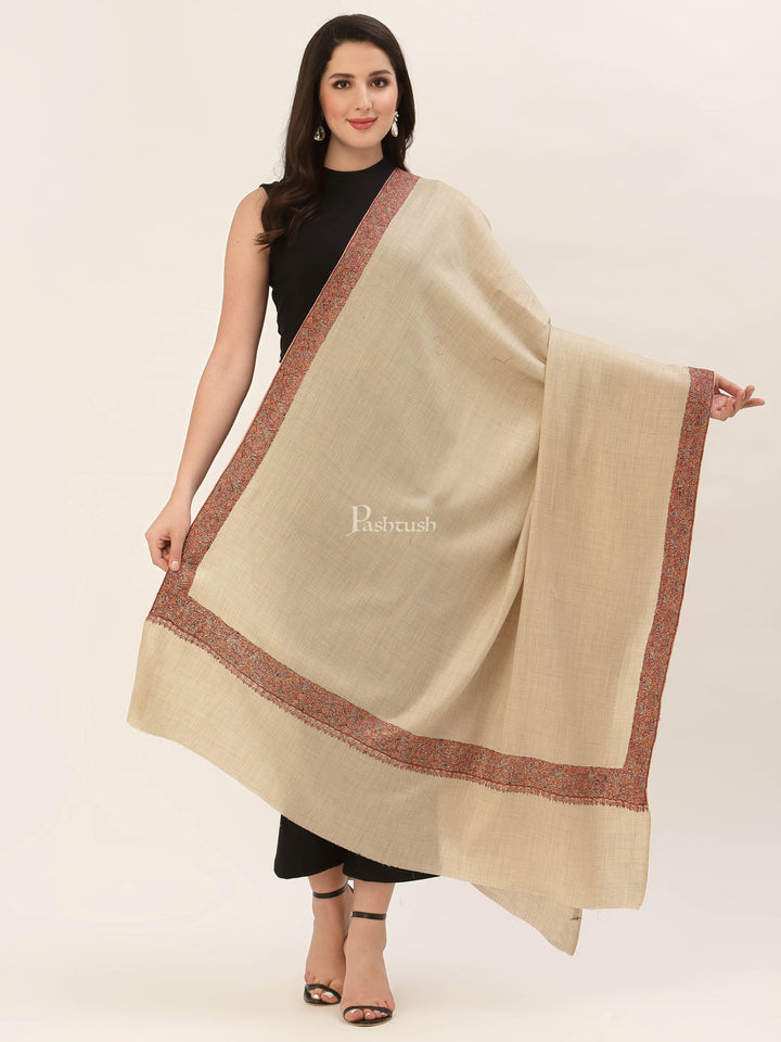 Pashtush India Womens Shawls Pashtush Womens Hand Embroidery Shawl, Fine Wool Shawls, Beige