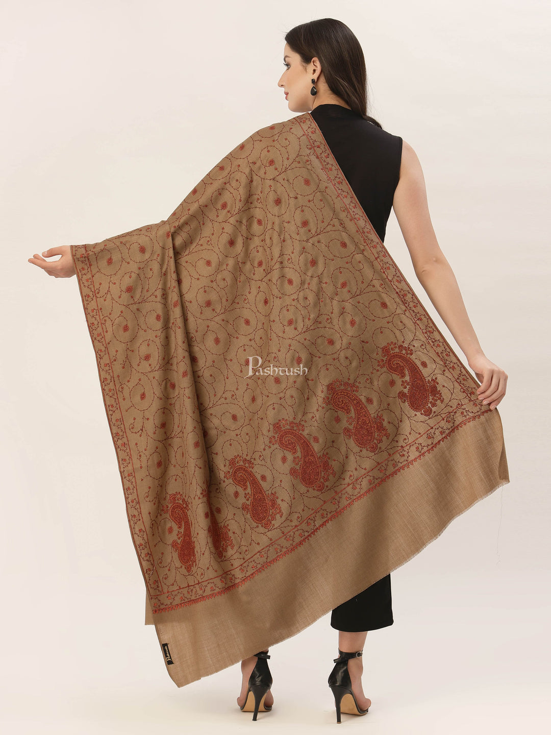 Pashtush India Womens Shawls Pashtush Womens Jaal Embroidery Shawl, Large Size, Taupe
