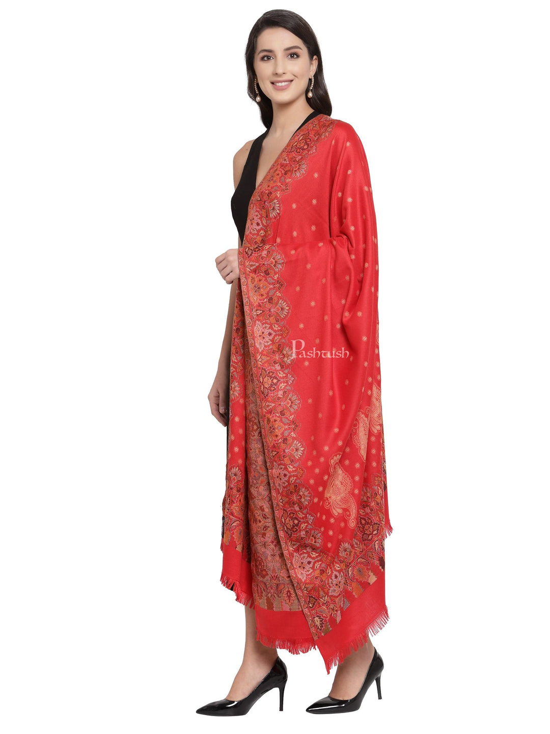 Pashtush India Womens Shawls Pashtush Womens Jamawar Shawl, Soft Faux Pashmina Red