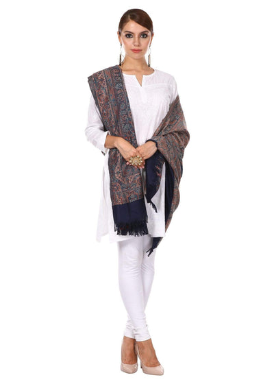 Pashtush India 100x200 Pashtush Womens Jamawar Shawl with Hand Aari Embroidery, Silky Threadwork - Soft Faux Navy