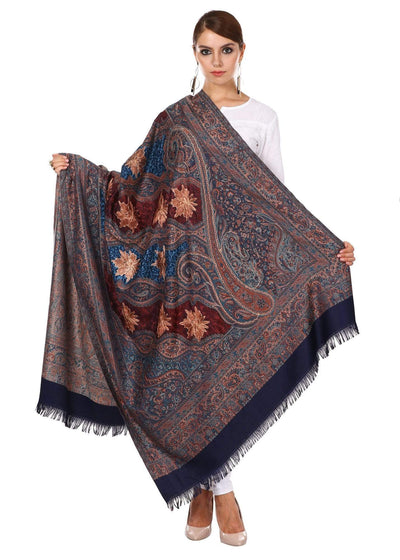 Pashtush India 100x200 Pashtush Womens Jamawar Shawl with Hand Aari Embroidery, Silky Threadwork - Soft Faux Navy