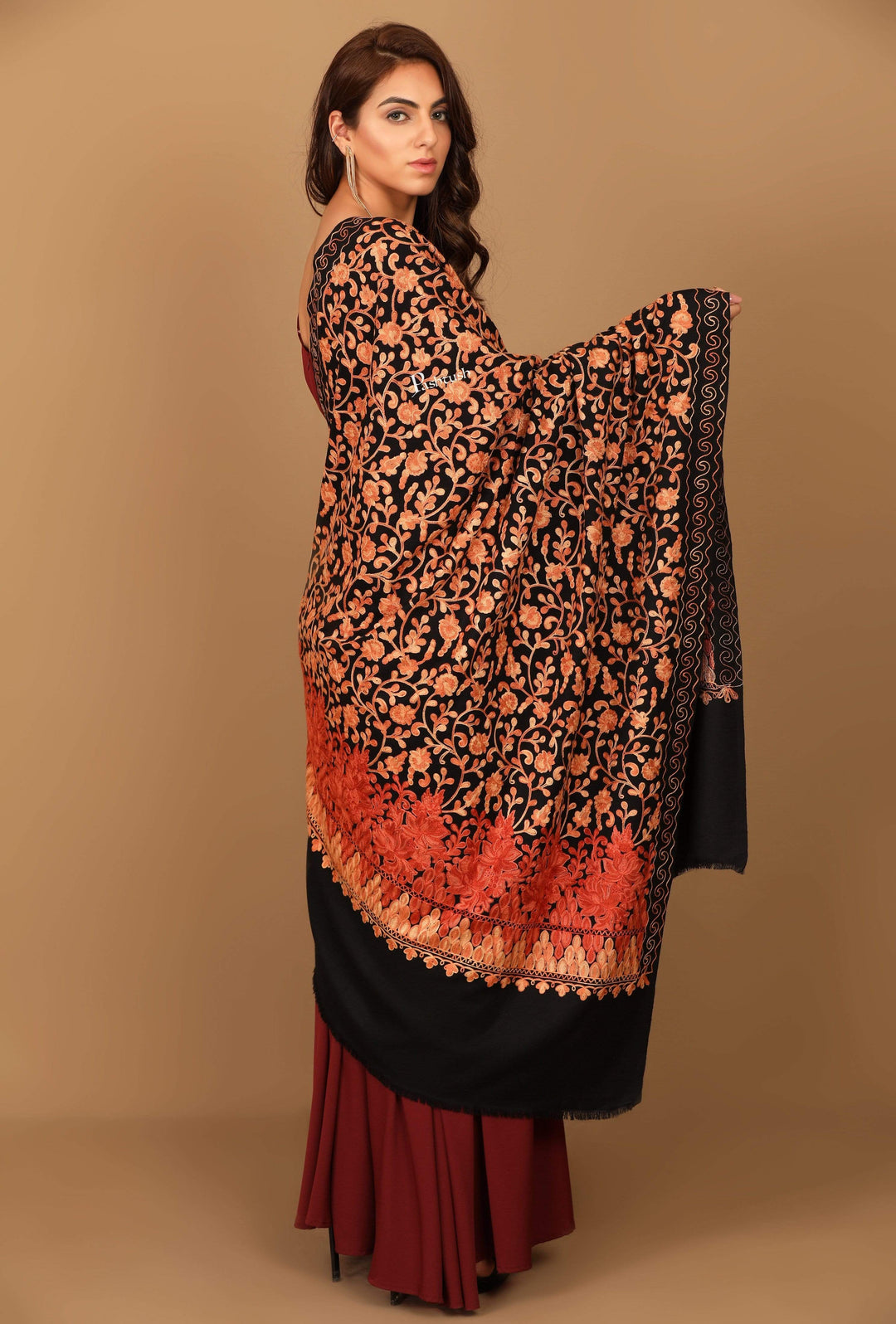 Pashtush India 100x200 Pashtush Womens Jamawar Shawl with Hand Aari Embroidery, Silky Threadwork - Soft Faux Pashmina