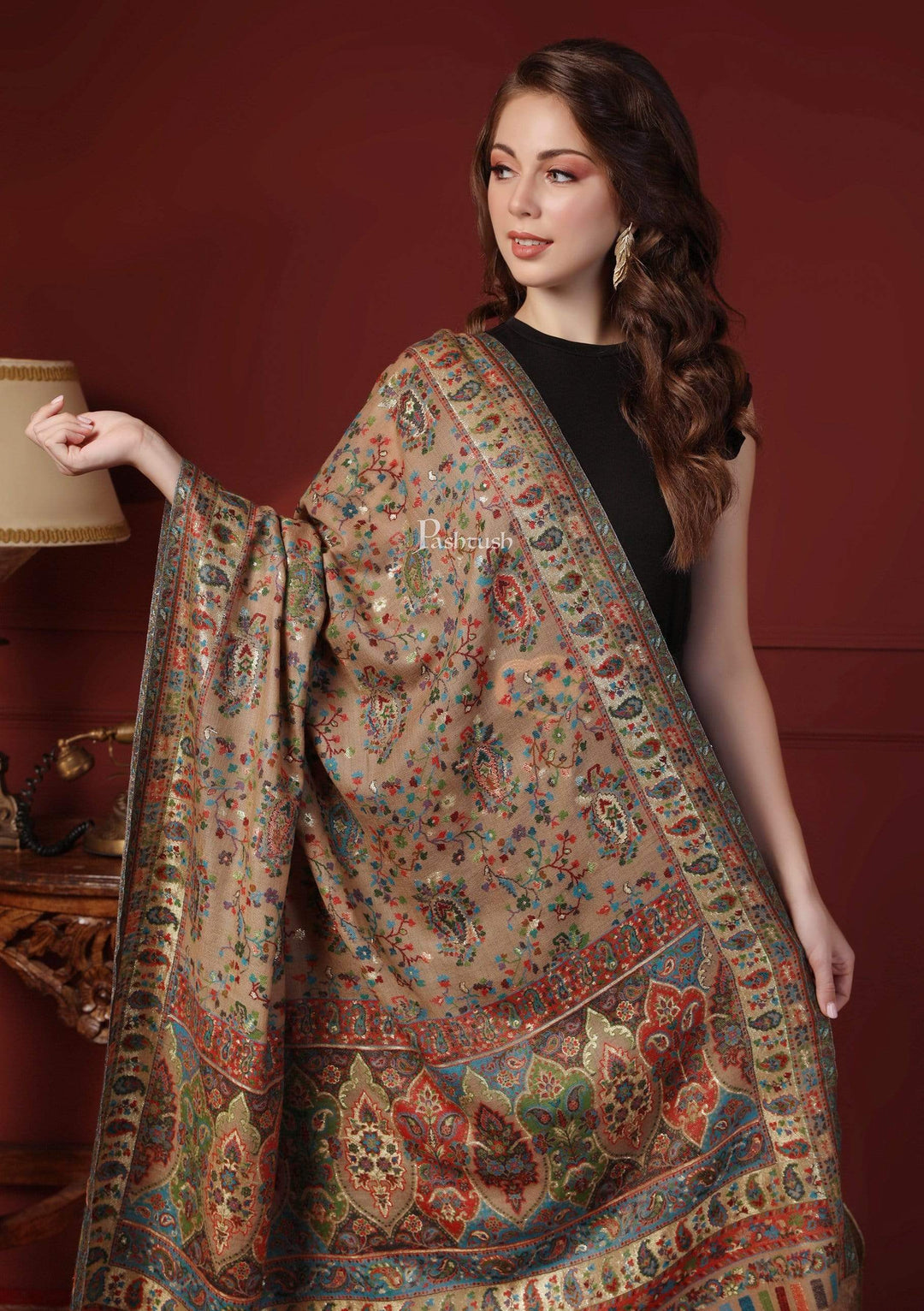 Pashtush India 100x200 Pashtush Womens Kaani Shawl, Pure Wool, Woolmark Certificate, Beige with Zari Weave