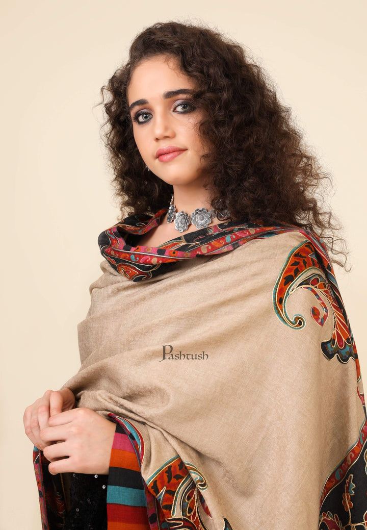 Pashtush India 114x228 Pashtush Womens Kalamkari Embroidery Shawl, Fine Wool Shawls, Medium