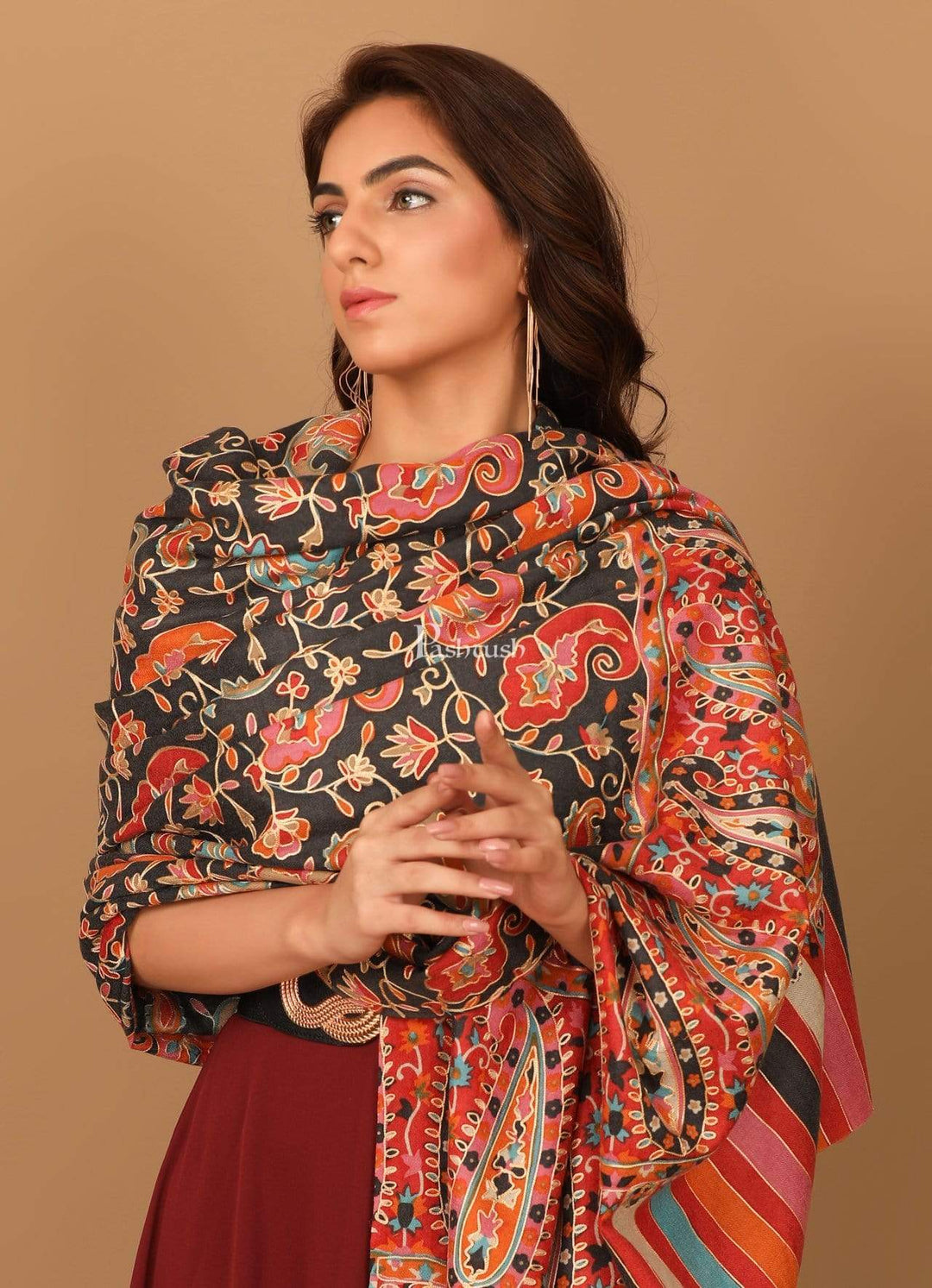 Pashtush India 114x228 Pashtush Womens Kalamkari Outline Embroidery Shawl, Kaani Painted Design, Grey and Black