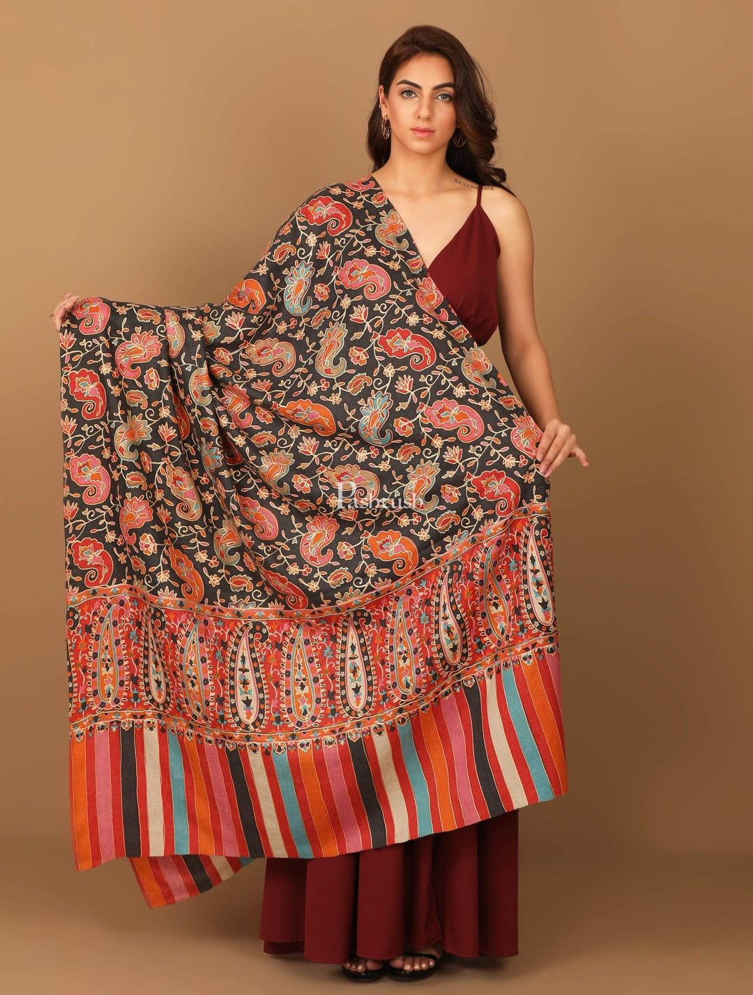 Pashtush India 114x228 Pashtush Womens Kalamkari Outline Embroidery Shawl, Kaani Painted Design, Grey and Black