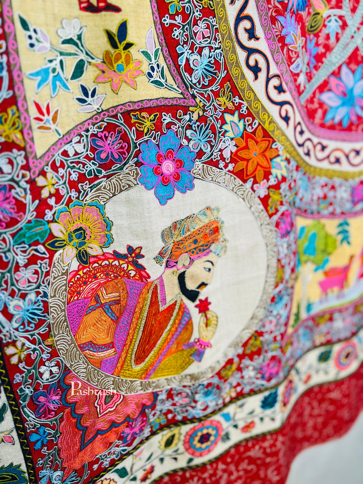 Pashtush India Womens Shawls Pashtush Womens Kalamkari Shawl, Love story, Jashn-e-Ishq Design Hand Embroidered Tilla Work