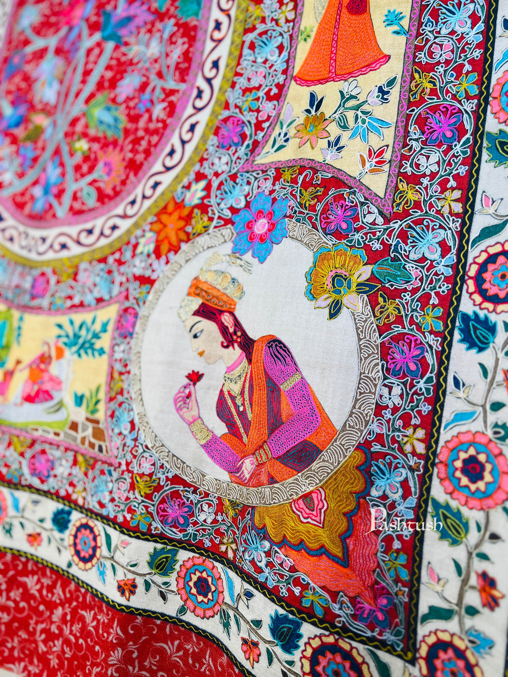 Pashtush India Womens Shawls Pashtush Womens Kalamkari Shawl, Love story, Jashn-e-Ishq Design Hand Embroidered Tilla Work