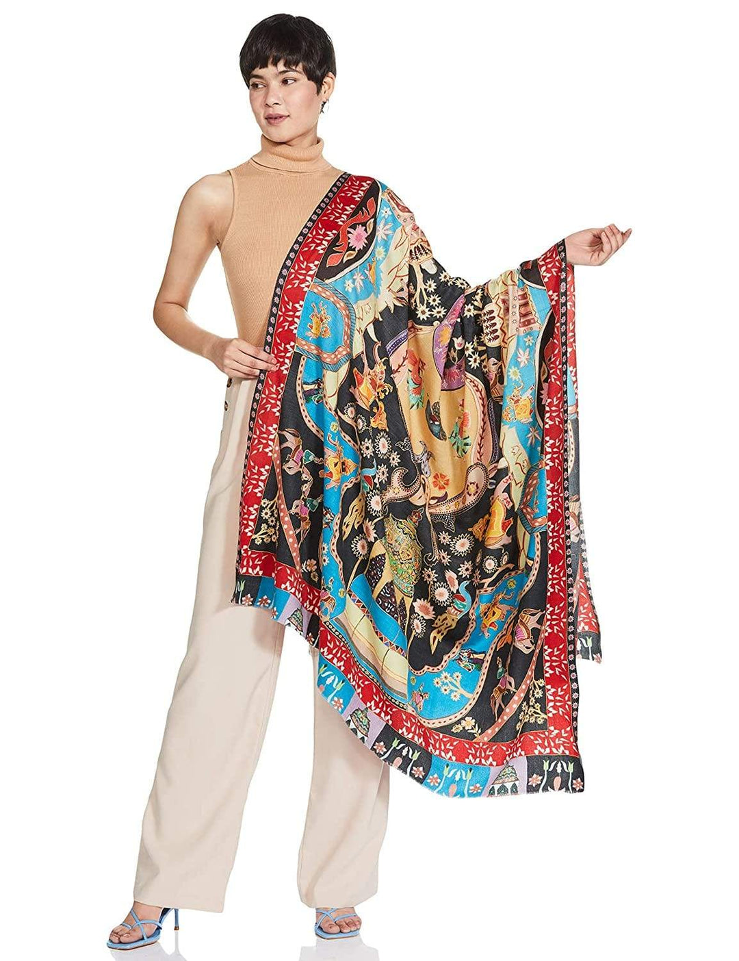 Pashtush India 100x200 Pashtush Womens Kalamkari Shawl, Multicoloured, With Outline Embroidery, 100% Pure Woolmark Certified