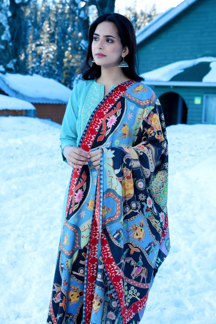 Pashtush India 100x200 Pashtush Womens Kalamkari Shawl, Multicoloured, With Outline Embroidery, 100% Pure Woolmark Certified
