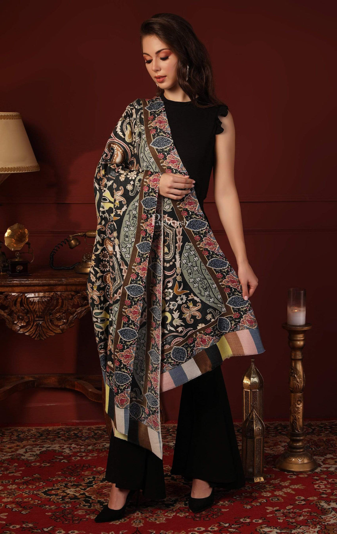 Pashtush India 100x200 Pashtush Womens Kalamkari Shawl, Multicoloured, With Outline Embroidery, 100% Pure Woolmark Certified