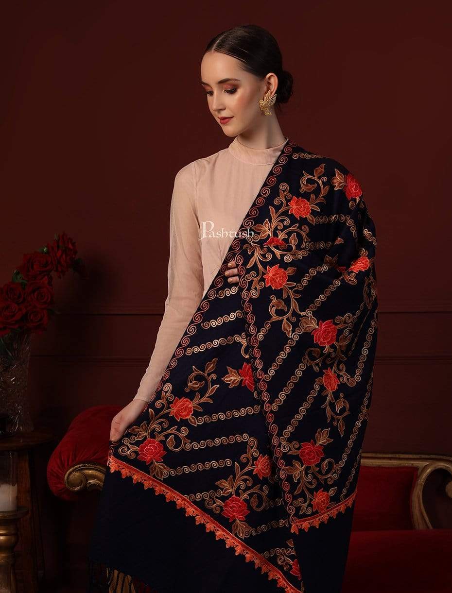 Pashtush India 70x200 Pashtush Womens Kashmiri Aari Embroidery, Woollen Stole