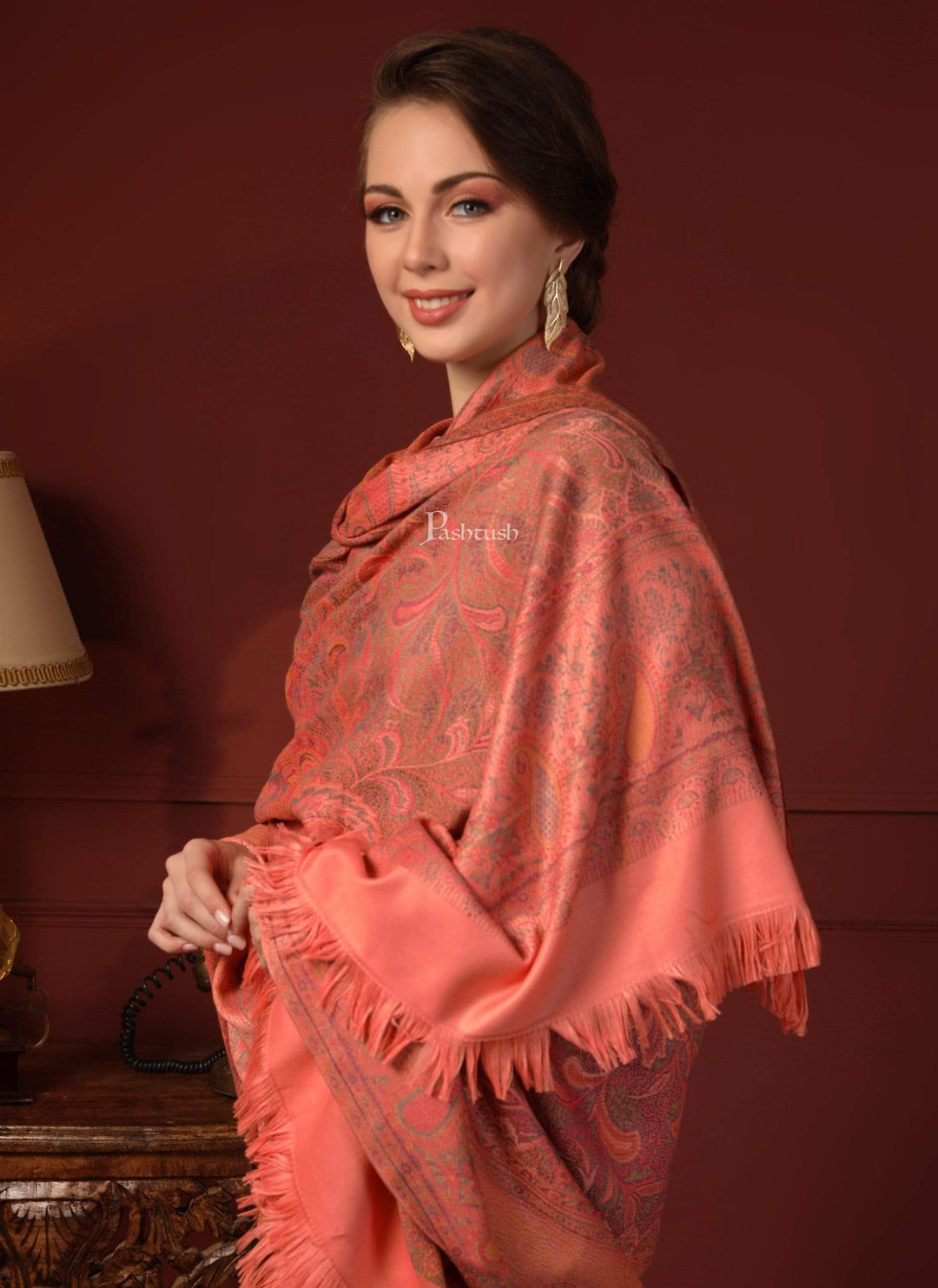 Pashtush India 100x200 Pashtush Womens Kashmiri Design Jamawar Shawl, Soft and Warm, Peach