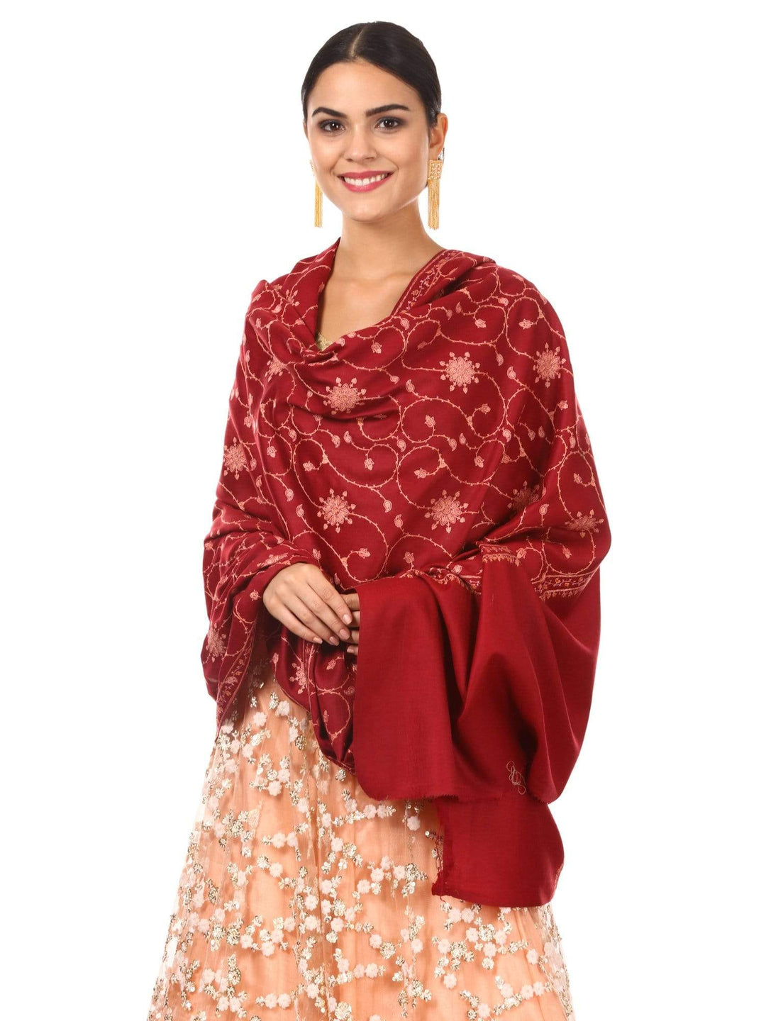 Pashtush Womens Embroidery Jaal, Fine Wool, Maroon