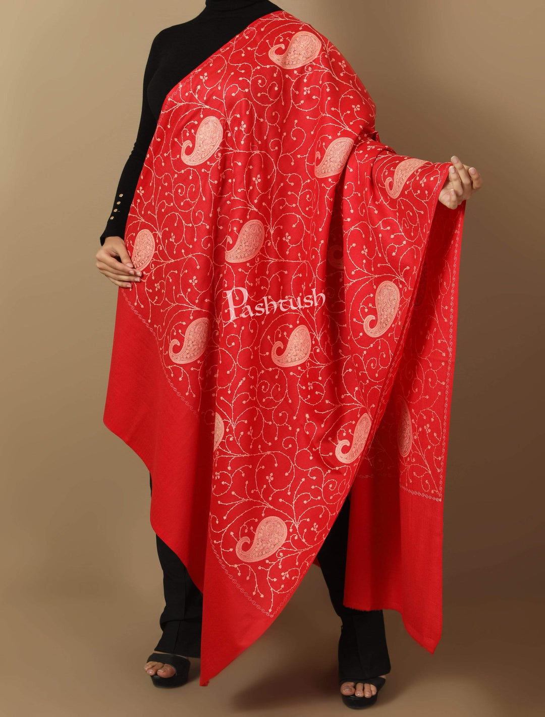 Pashtush India Shawl Pashtush Womens Kashmiri Embroidery Jaal, Fine Wool, Scarlet Red