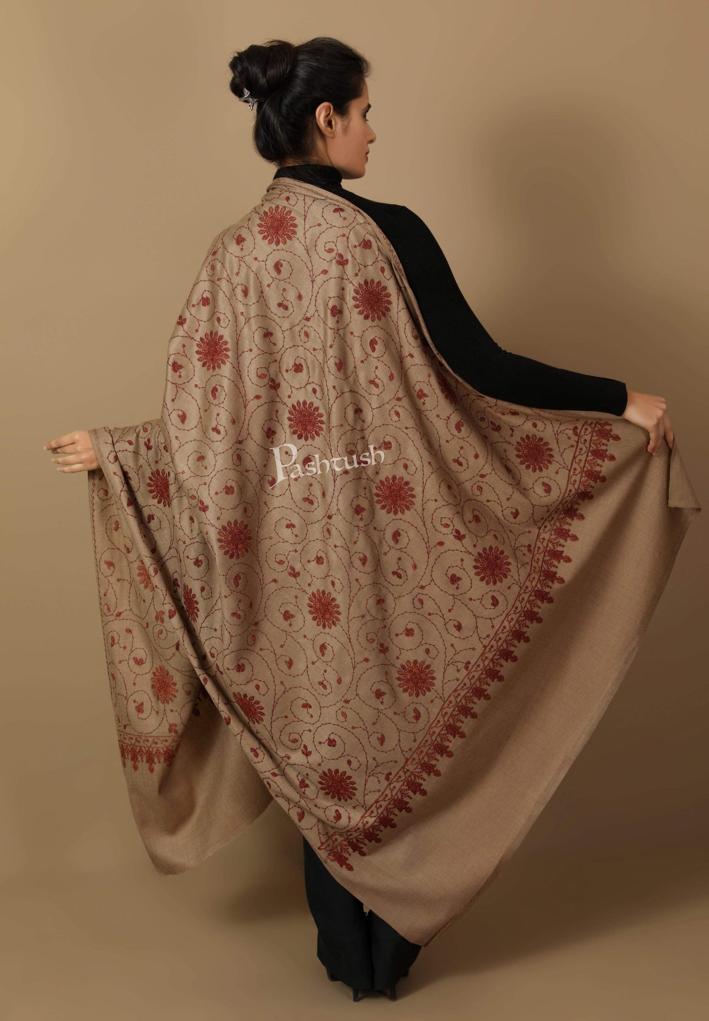 Pashtush India Shawl Pashtush Womens Kashmiri Embroidery Jaal, Fine Wool, Taupe