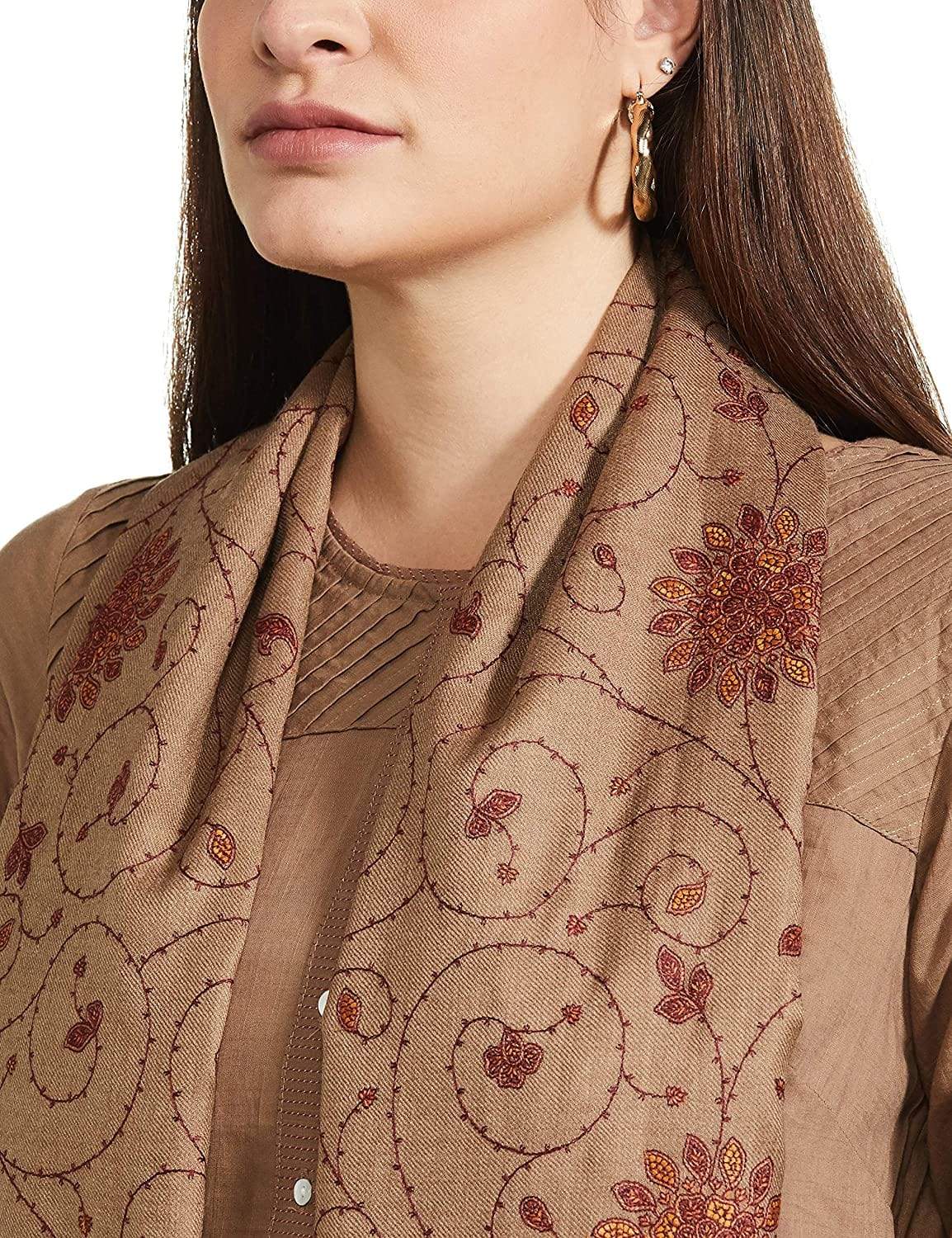 Pashtush India 100x200 Pashtush Womens Kashmiri Embroidery Jaal, Fine Wool, Taupe
